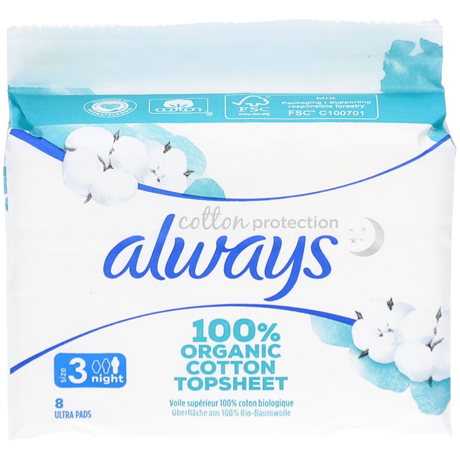 ALWAYS Ultra Binde Verpackung. Baumwollschutz, 8 Ultra Pads, Nacht. FSC-Zertifizierung. 100% Bio-Baumwolle.