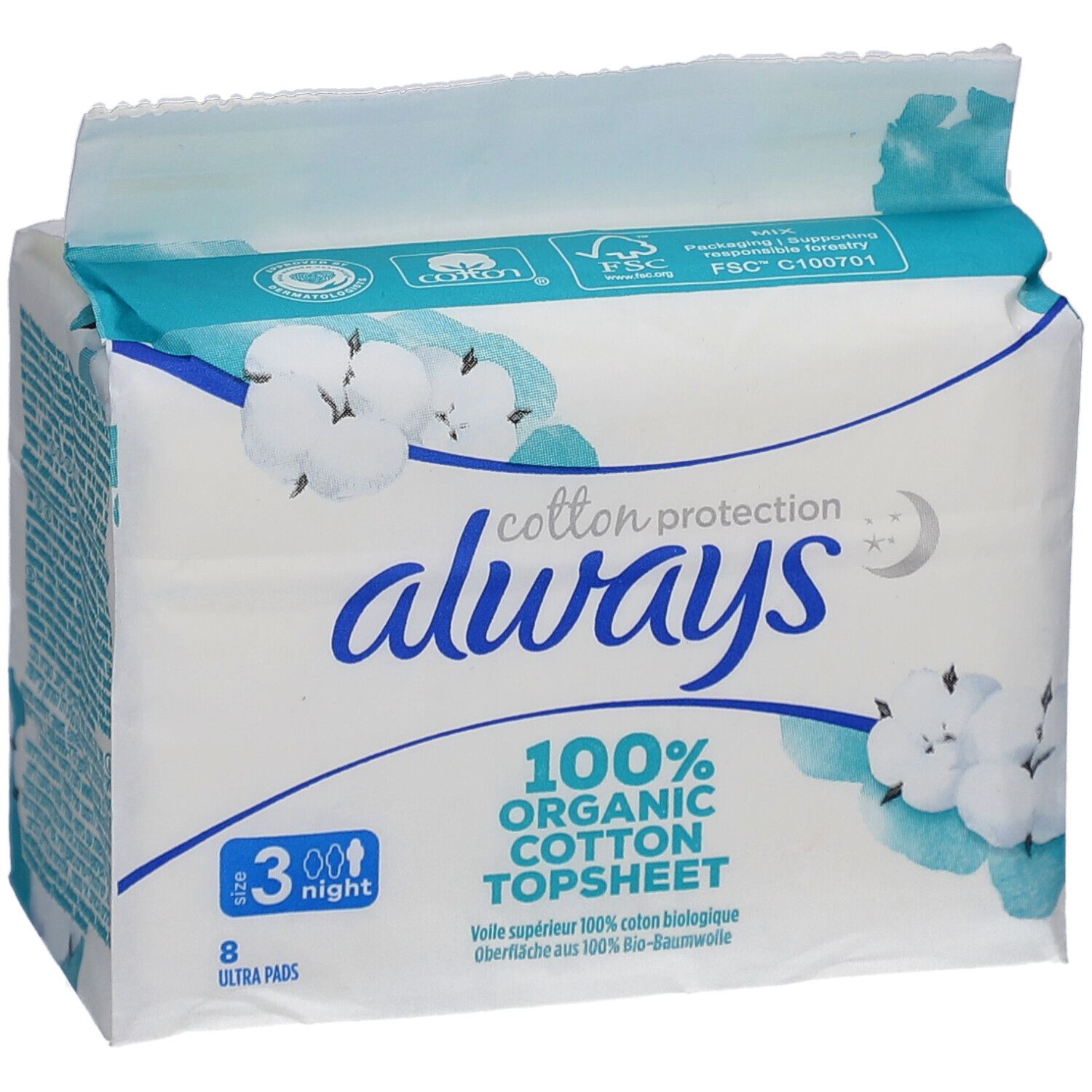 ALWAYS Ultra Binde Verpackung. Baumwollschutz, 8 Ultra Pads, Nacht. FSC-Zertifizierung. 100% Bio-Baumwolle.