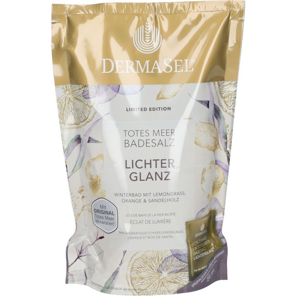 Sachet avec impressions. Logo "DERMASEL". Texte "Totes Meer Badesalz" et "Lichter Glanz". Illustrations de citrons et de feuilles.