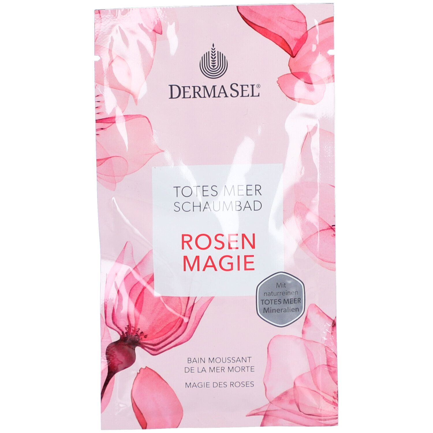 Rosa Beutel mit Produktnamen und floralem Design. Text: Totes Meer Schaumbad Rosenzauber, Marke DermaSel.