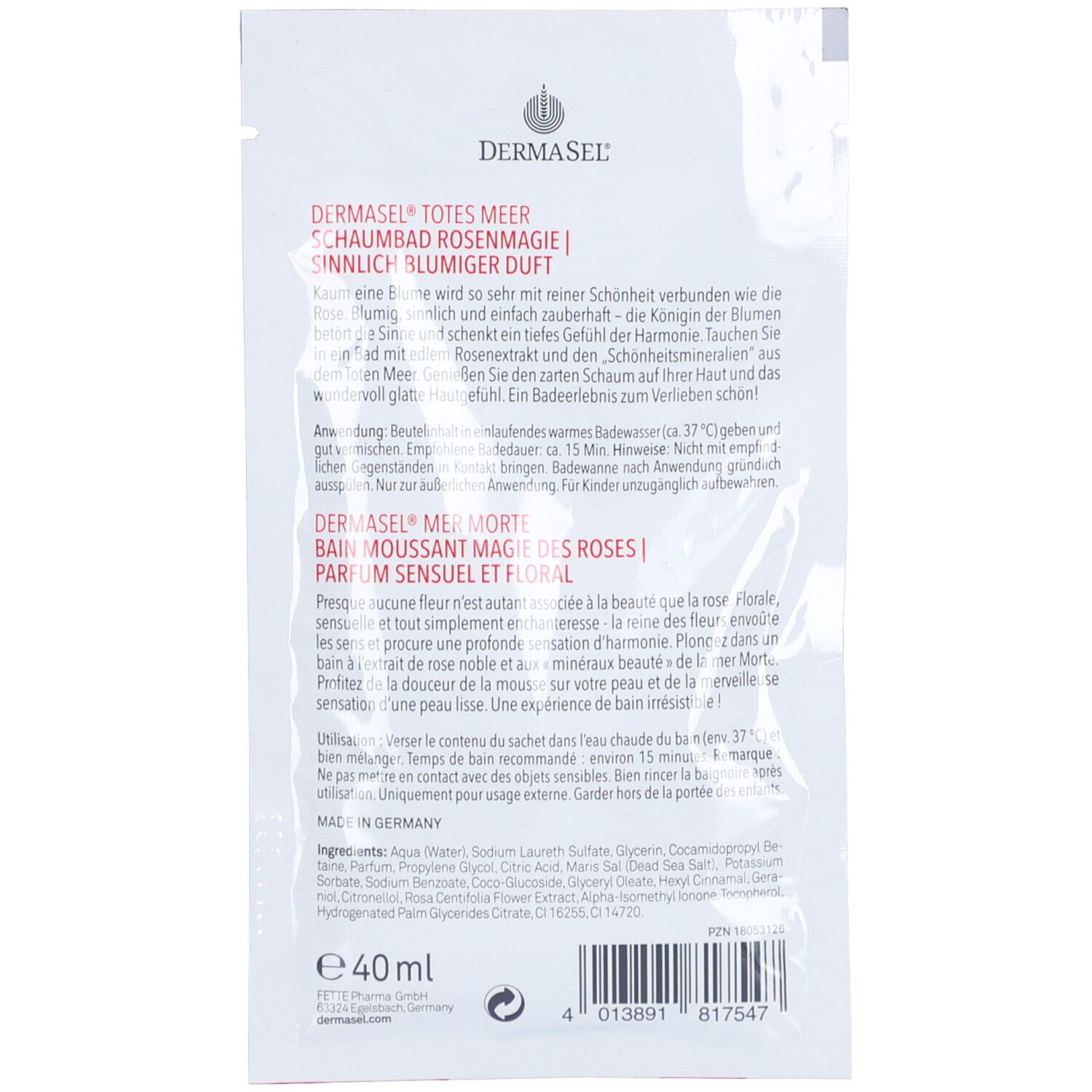 Rückseite des rosa Beutels. Text: Produktname, Inhaltsstoffe, Anwendungshinweise, Marke DermaSel, Volumen 40ml.