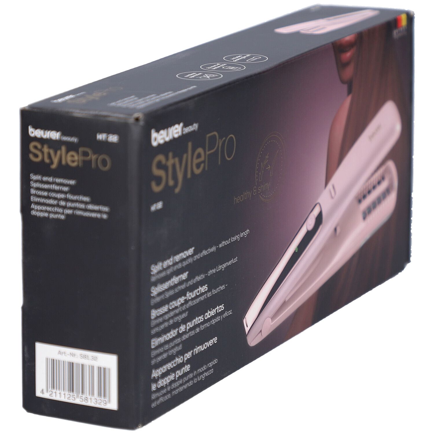 Boîte, Beurer StylePro HT 22. Éliminateur de pointes fourchues. Appareil rose. Nom et description sur la boîte.