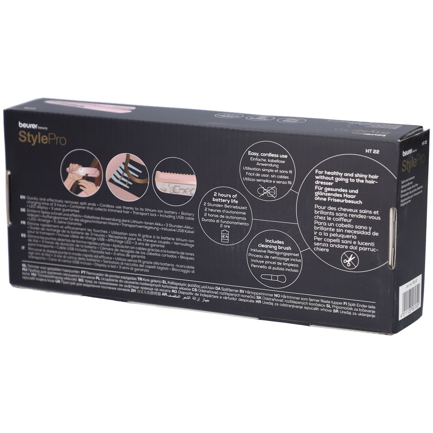 Dos de la boîte. Beurer StylePro HT 22. Informations et illustrations du produit. Fond noir.