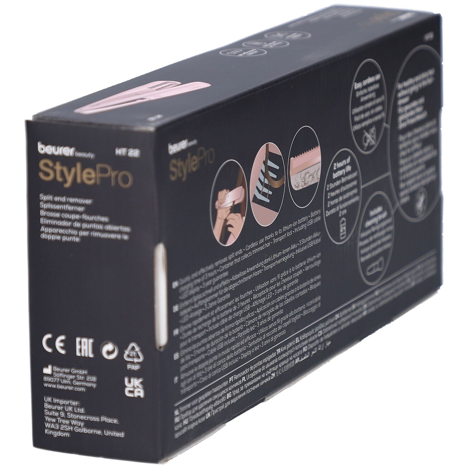 Dos de la boîte. Beurer StylePro HT 22. Informations et illustrations du produit. Fond noir.