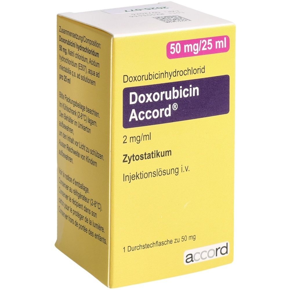 Boîte pliante jaune avec inscription Doxorubicin Accord. Contient 50 mg/25 ml de solution injectable. Marque Accord.