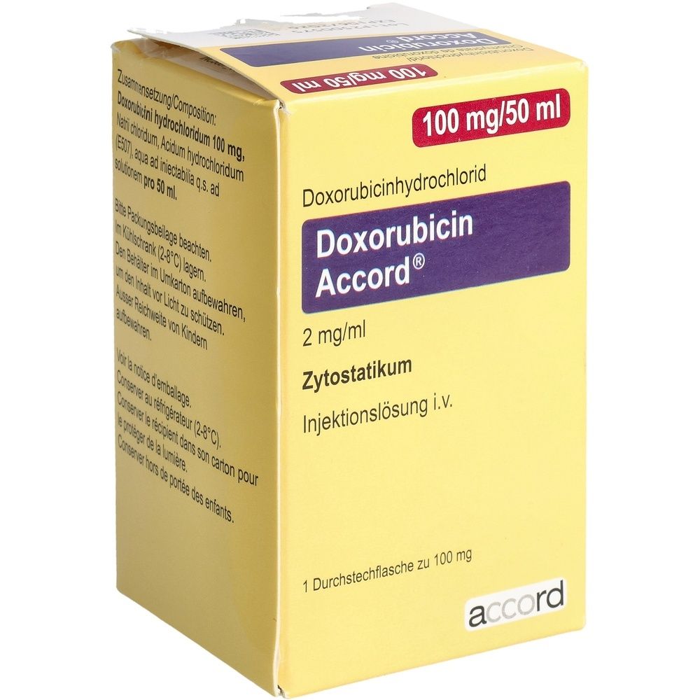 Boîte pliante jaune avec informations produit. Inscription: Doxorubicin Accord, 2 mg/ml, solution injectable i.v. et logo Accord.