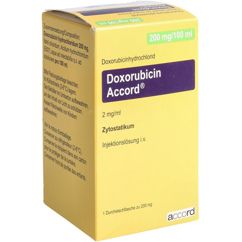 Boîte pliante jaune avec informations produit. Inscription: Doxorubicin Accord, 2 mg/ml, solution injectable i.v. Avec logo.