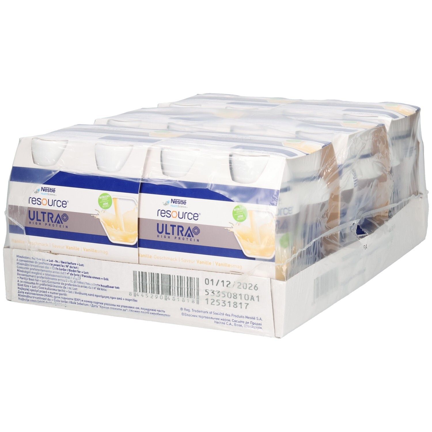 Verpackung mit NESTLÉ Resource® Ultra + Vanille. Karton mit mehreren Einzelportionen, in Folie verpackt. Aufdrucke mit Produktinformationen.