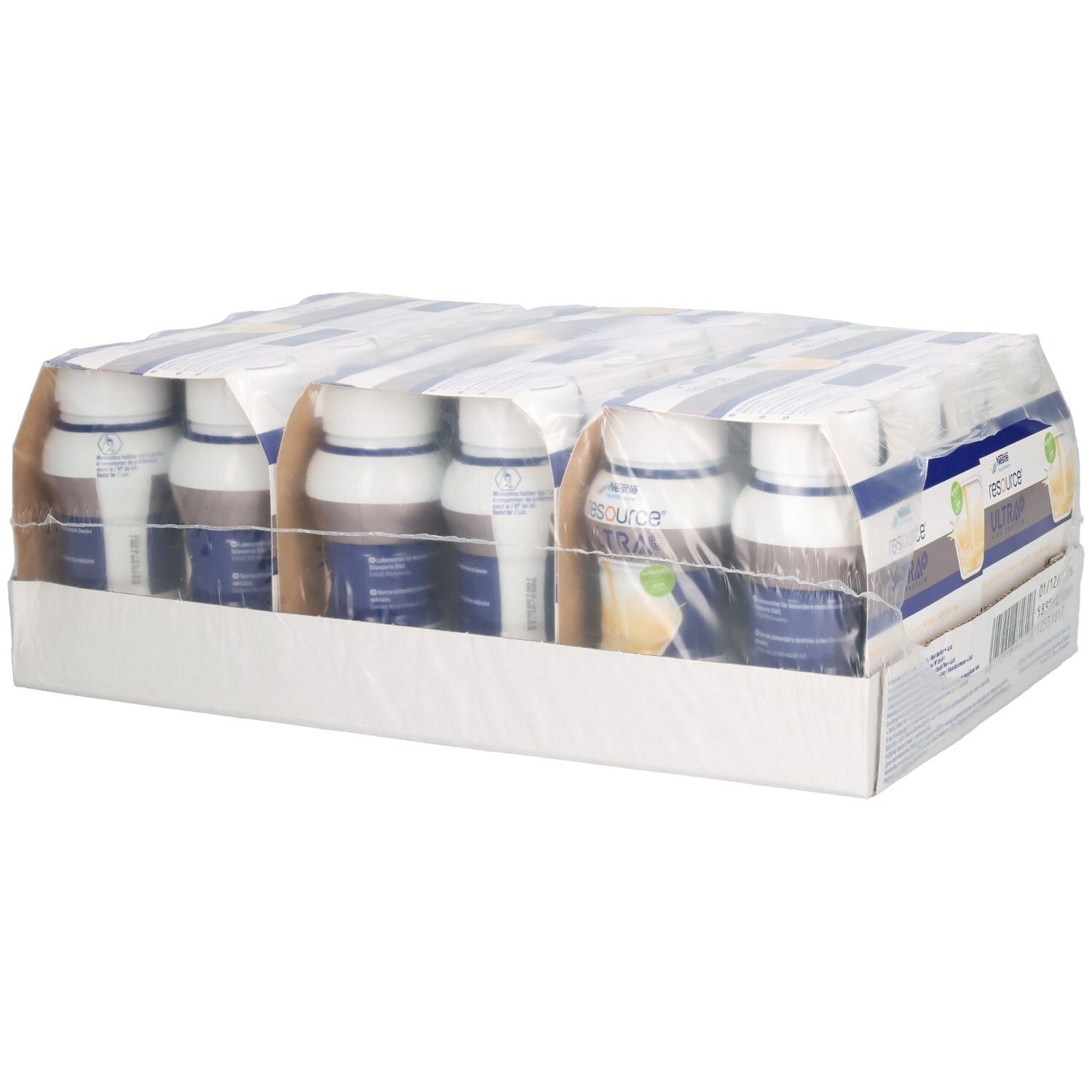 Verpackung mit NESTLÉ Resource® Ultra + Vanille. Einzelportionen in einer Kartonverpackung, in Folie eingeschweißt. Produktetiketten sichtbar.