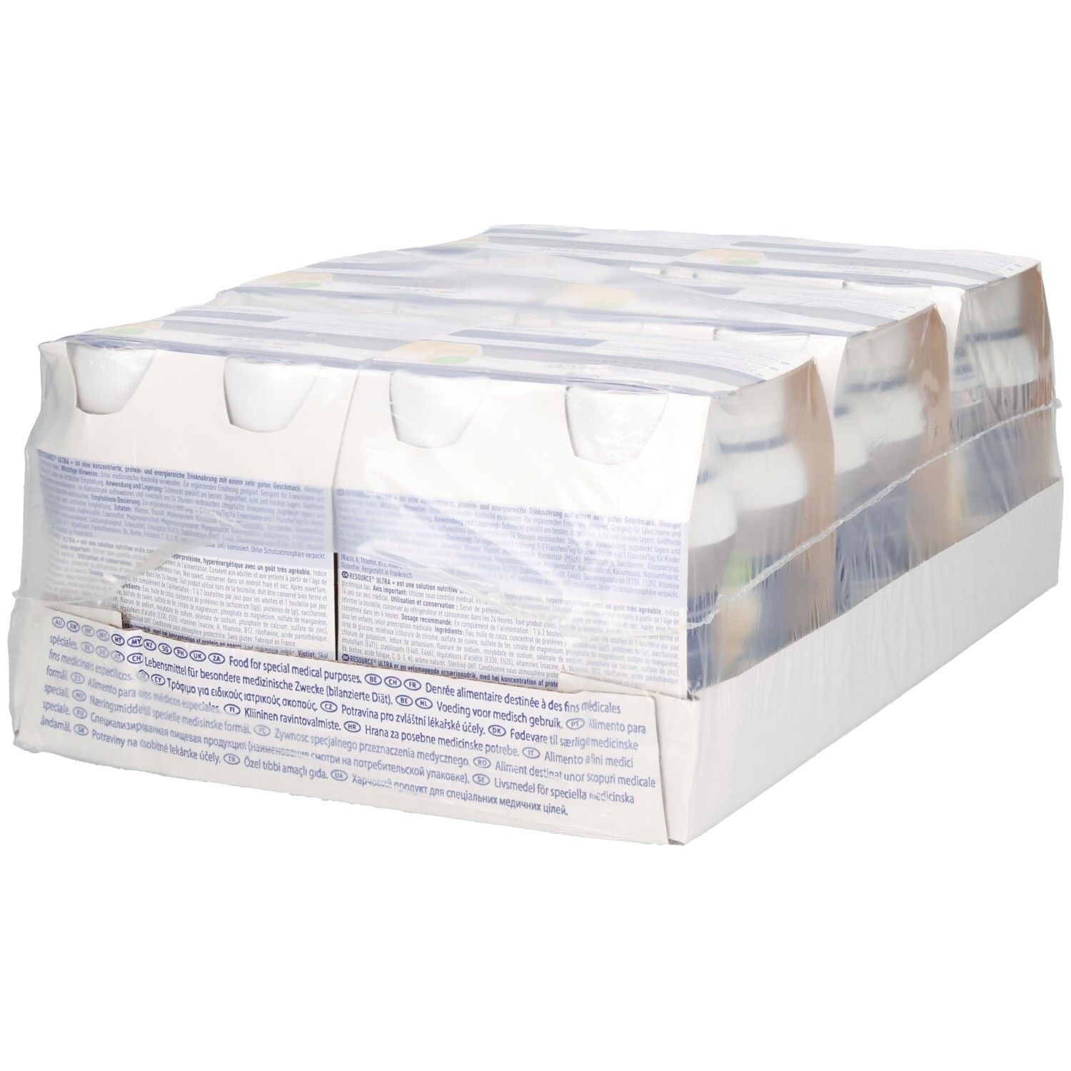 Verpackung mit NESTLÉ Resource® Ultra + Vanille. Karton mit Einzelportionen, in Folie verpackt. Produktinformationen und Barcode auf der Verpackung.