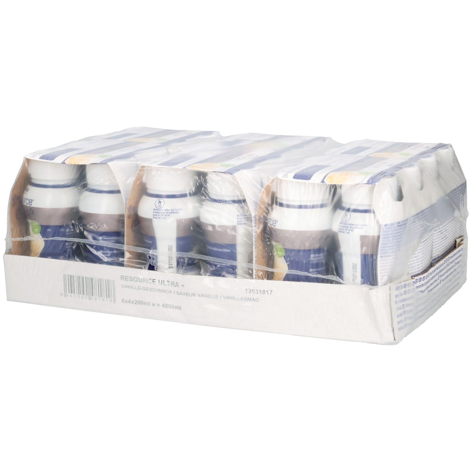 Verpackung mit NESTLÉ Resource® Ultra + Vanille. Einzelportionen in Kartonverpackung, in Folie eingeschweißt. Produktetiketten sichtbar.