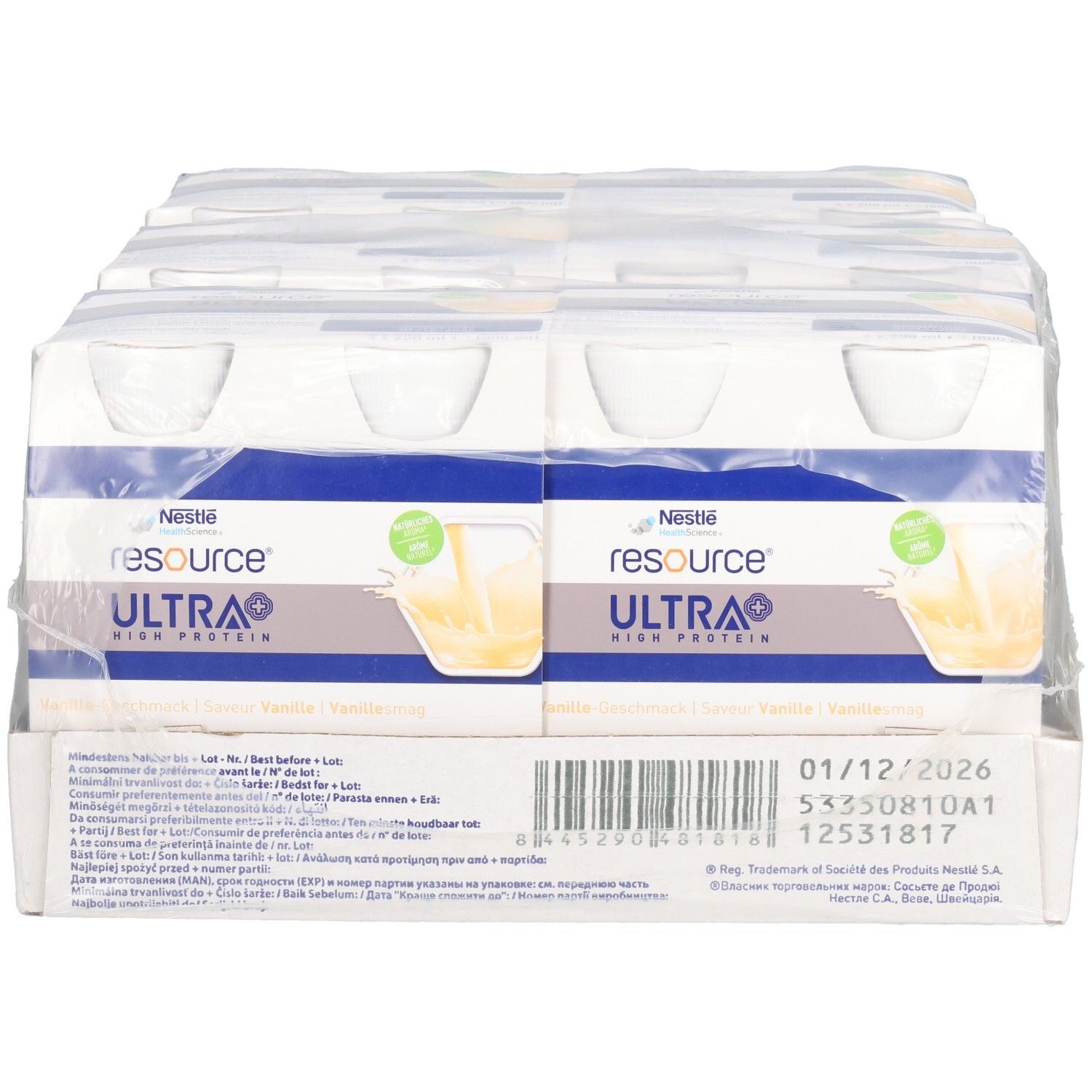 Verpackung mit NESTLÉ Resource® Ultra + Vanille. Karton mit Einzelportionen, in Folie verpackt. Produktname und Haltbarkeitsdatum deutlich sichtbar.