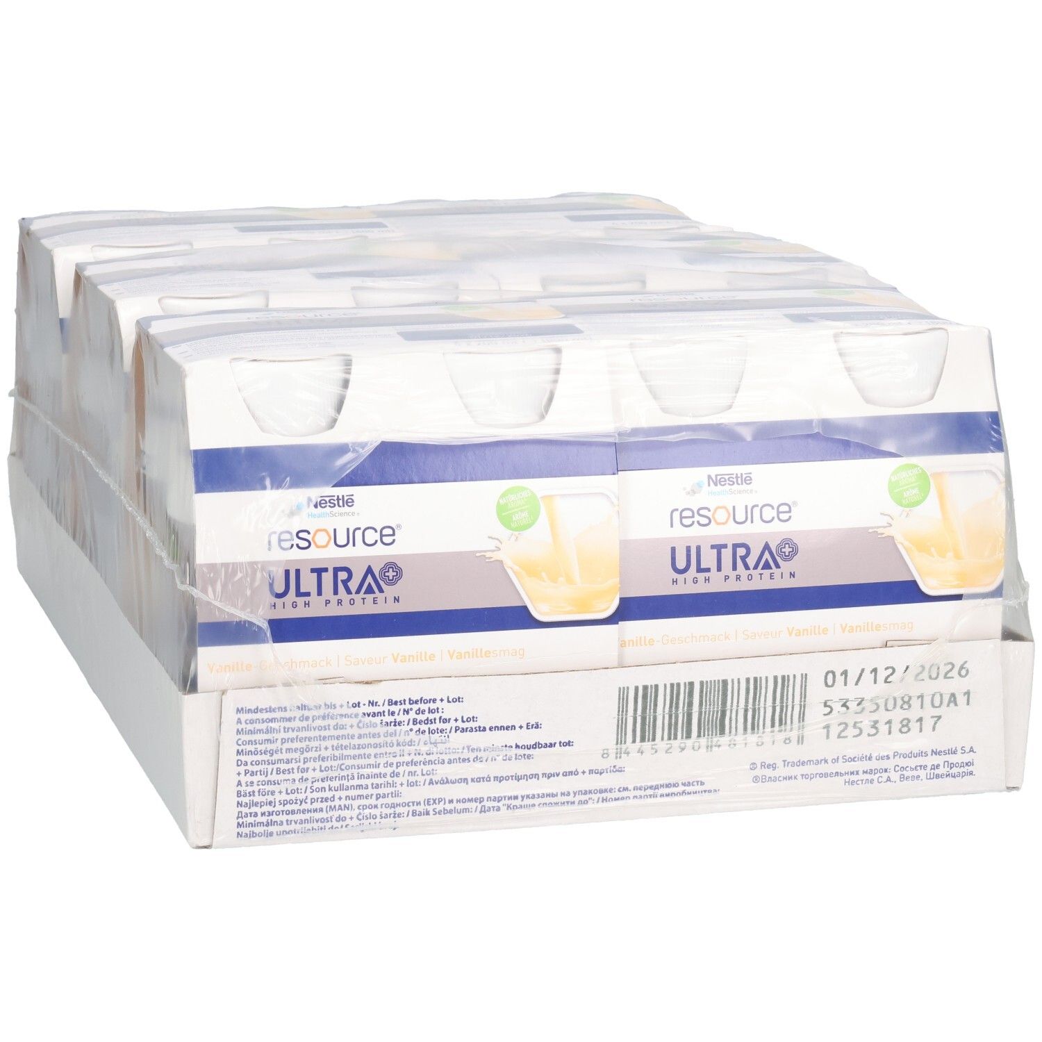 Verpackung mit NESTLÉ Resource® Ultra + Vanille. Karton mit Einzelportionen, in Folie verpackt. Produktname und Haltbarkeitsdatum deutlich sichtbar.