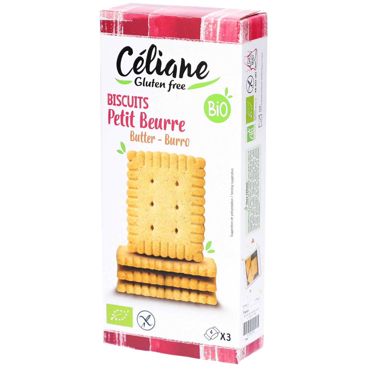 Boîte de biscuits CELIANE sans gluten. Label BIO et symbole sans gluten. Biscuits empilés visibles.