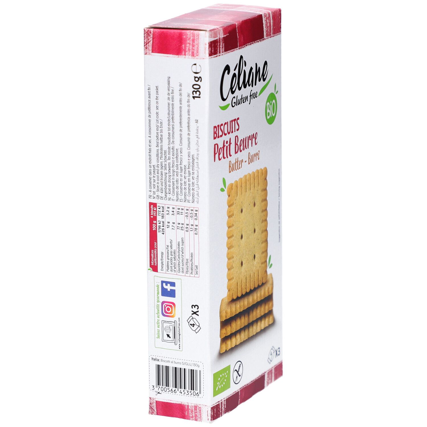 Boîte de biscuits CELIANE sans gluten, vue latérale. Informations nutritionnelles et ingrédients. Label BIO.