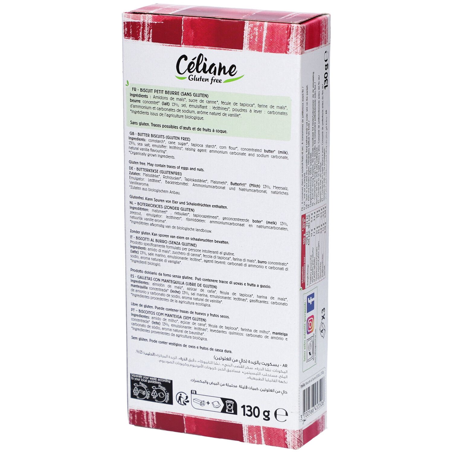 Dos de la boîte de biscuits CELIANE sans gluten. Ingrédients et informations nutritionnelles en plusieurs langues.