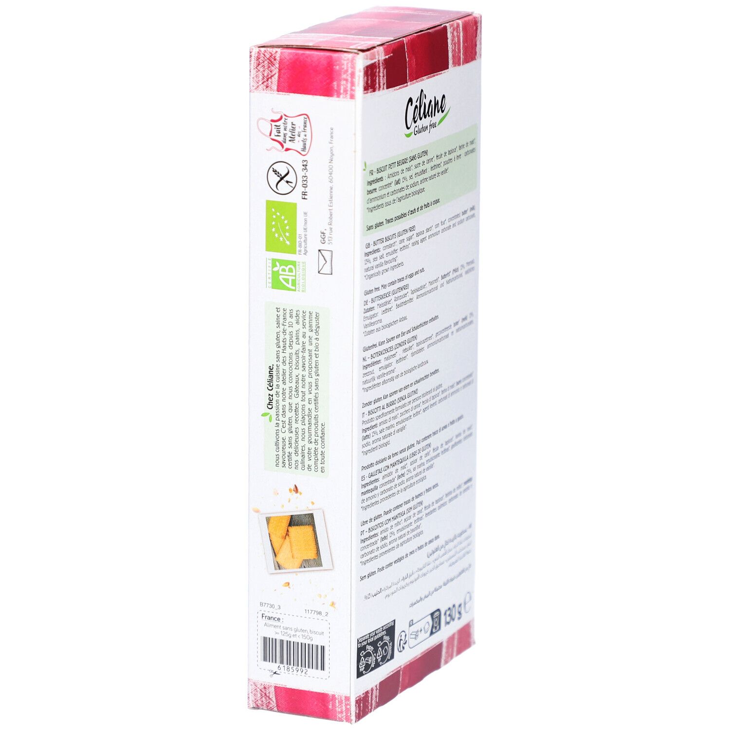 Vue latérale de la boîte de biscuits CELIANE sans gluten. Informations sur les ingrédients et certifications.