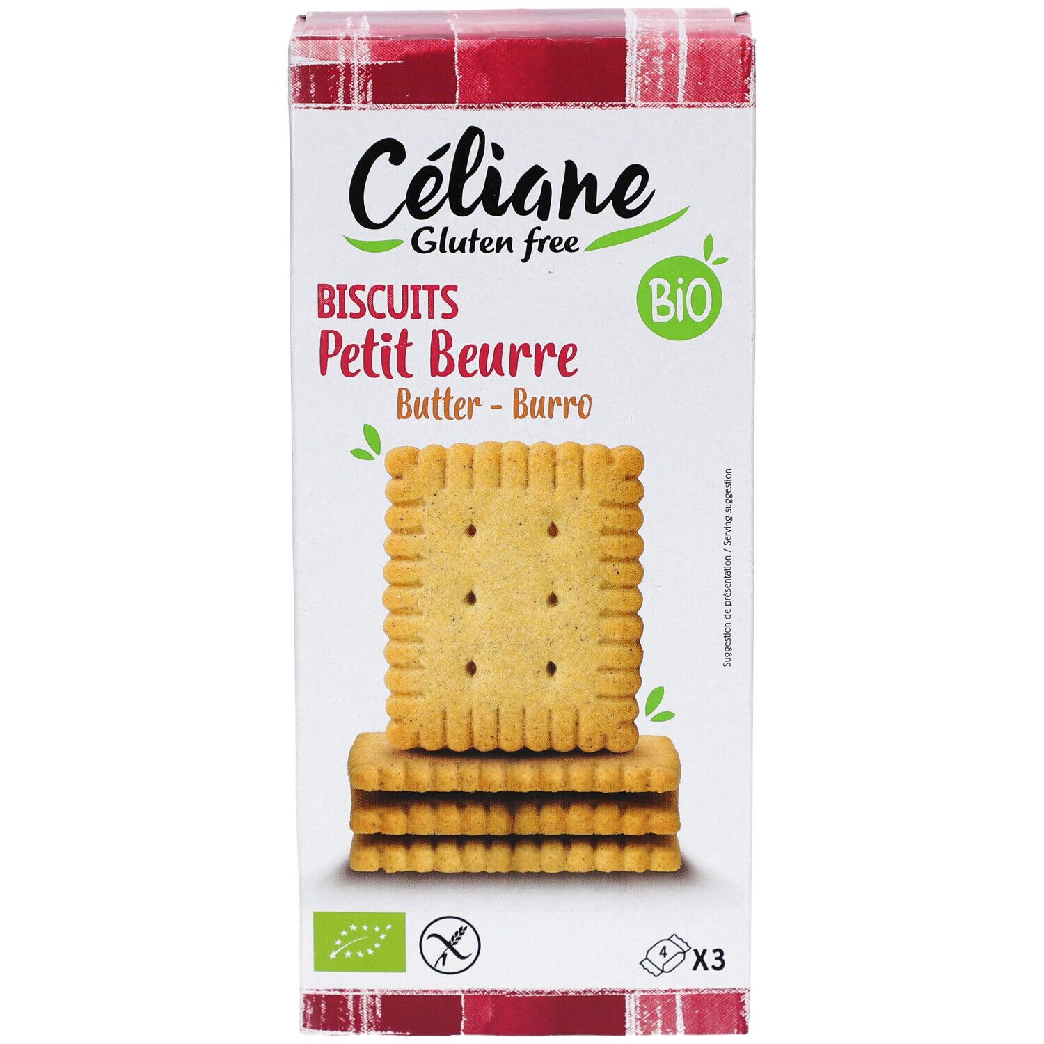 Boîte de biscuits CELIANE sans gluten. Label BIO et symbole sans gluten. Biscuits empilés visibles.