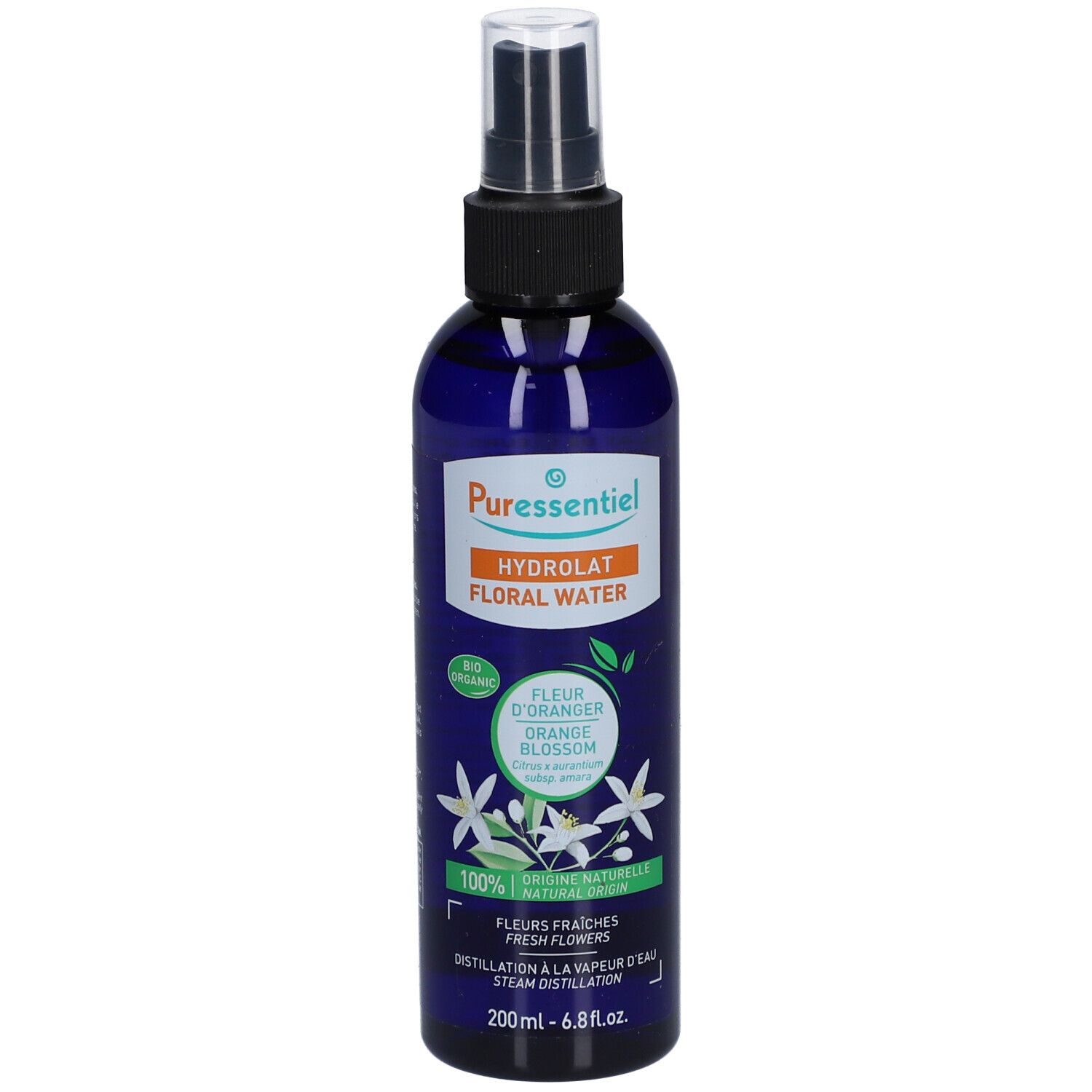 Blauwe Flasche mit Sprühkopf. Aufschrift: Puressentiel, Hydrolat Floral Water, Fleur d'Oranger, Bio.