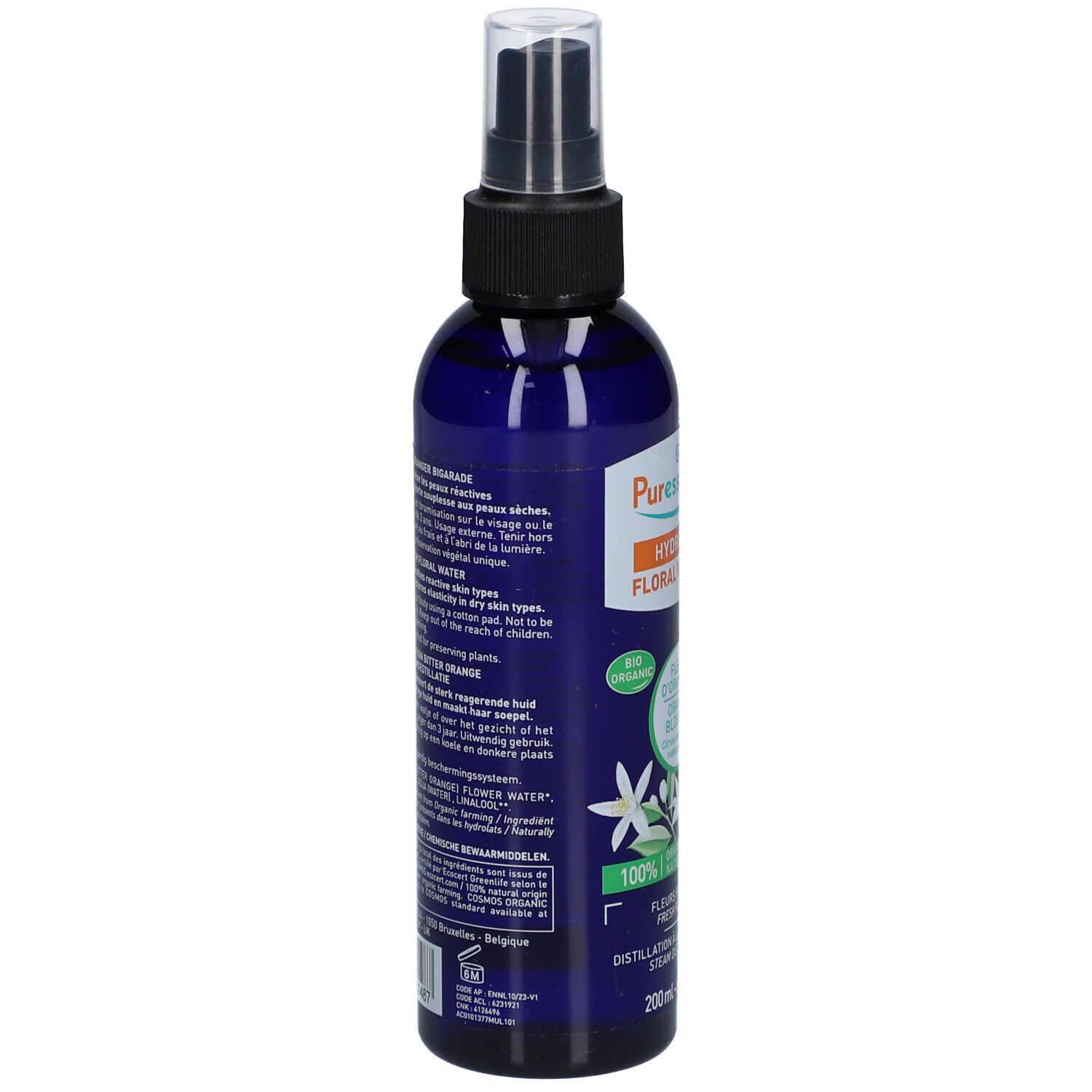 Rückseite der blauen Flasche mit Sprühkopf. Text: Anwendung, Inhaltsstoffe, Herkunft, Bio-Zertifizierung, 200ml.