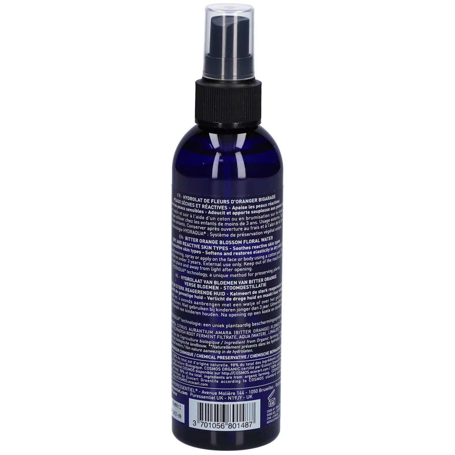 Rückseite der blauen Flasche mit Sprühkopf. Text: Anwendung, Inhaltsstoffe, Herkunft, Bio-Zertifizierung, 200ml.