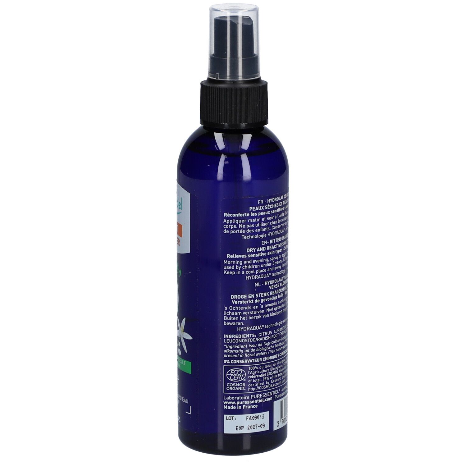 Rückseite der blauen Flasche mit Sprühkopf. Text: Anwendung, Inhaltsstoffe, Herkunft, Bio-Zertifizierung, 200ml.