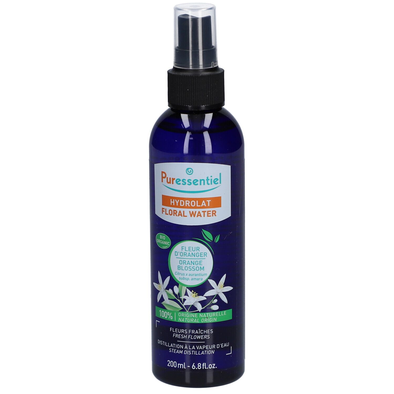 Blauwe Flasche mit Sprühkopf. Aufschrift: Puressentiel, Hydrolat Floral Water, Fleur d'Oranger, Bio.