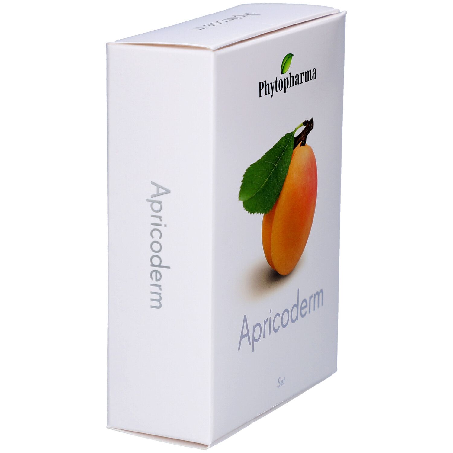 Weiße Verpackung mit Logo Phytopharma und Aprikose. Schriftzug Apricoderm. Seitenansicht.