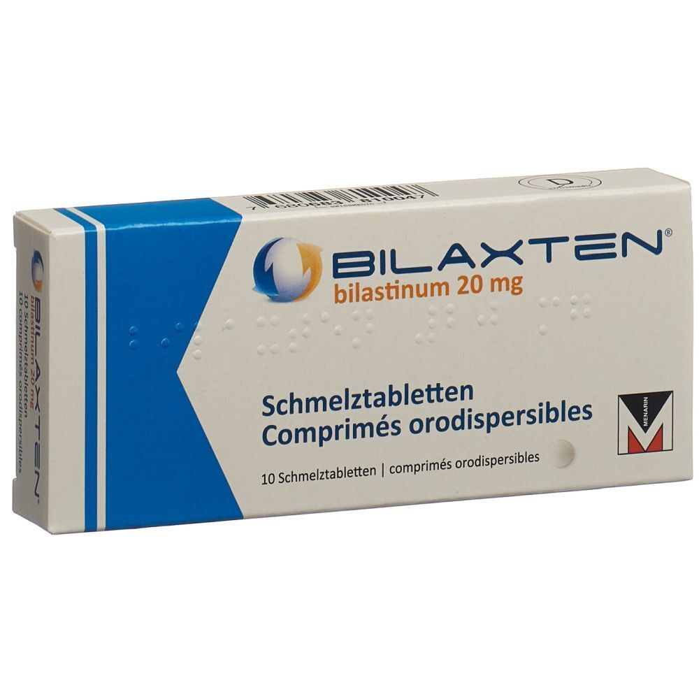 Schachtel mit BILAXTEN Schmelztabletten. Aufschrift: bilastinum 20 mg, Schmelztabletten, 10 Stk. Blau-weißes Design.