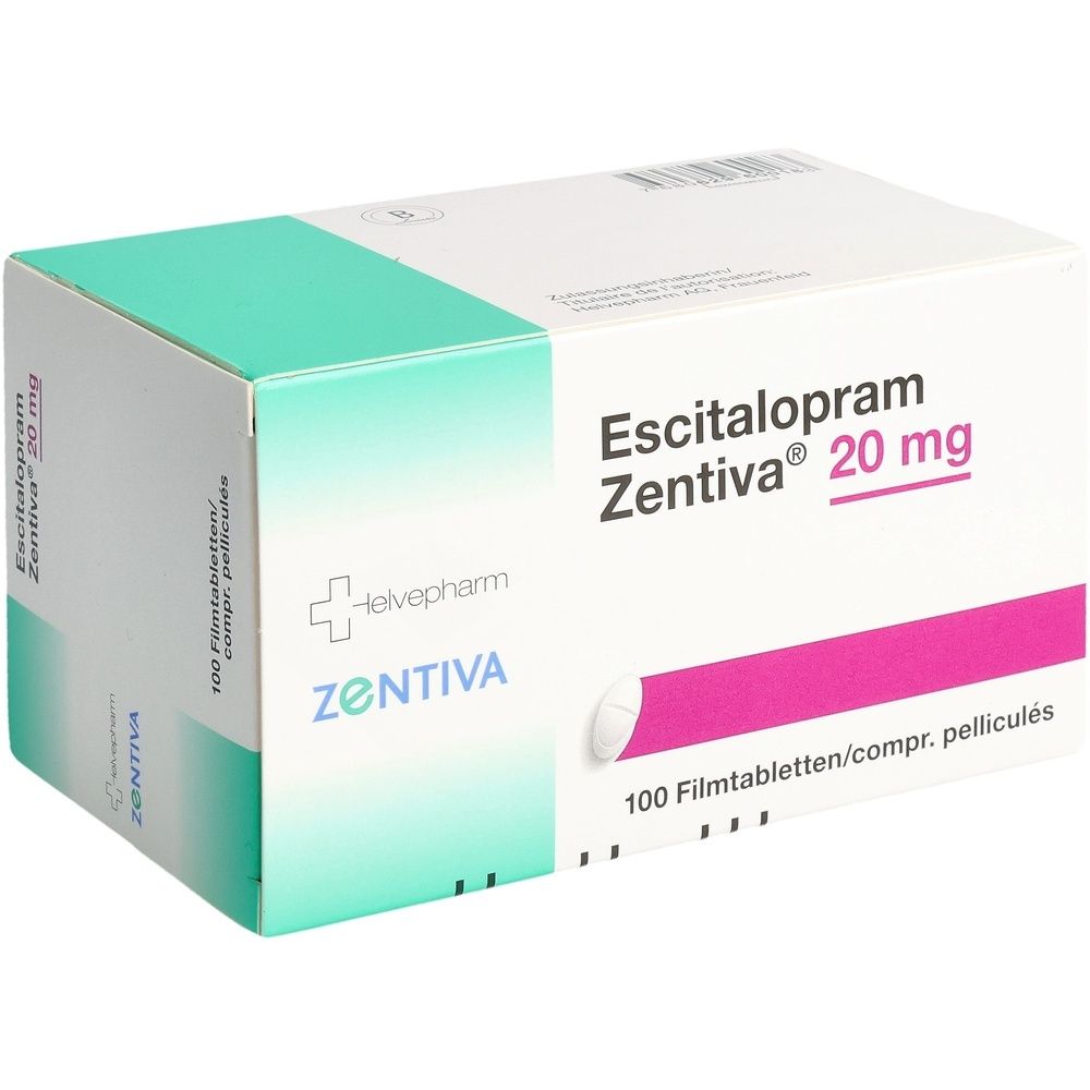 Boîte d'Escitalopram Zentiva 20 mg comprimés pelliculés. Inscription : Zentiva, 20 mg, 100 comprimés. Emballage vert et blanc.