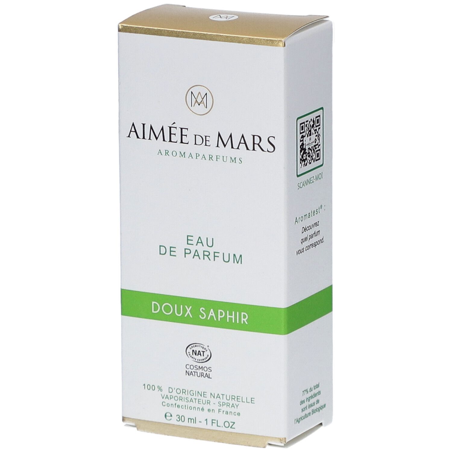 Aimée de Mars® Doux Saphir Eau de Parfum. Boîte blanche et dorée. Texte: Eau de Parfum, Doux Saphir, 30 ml.