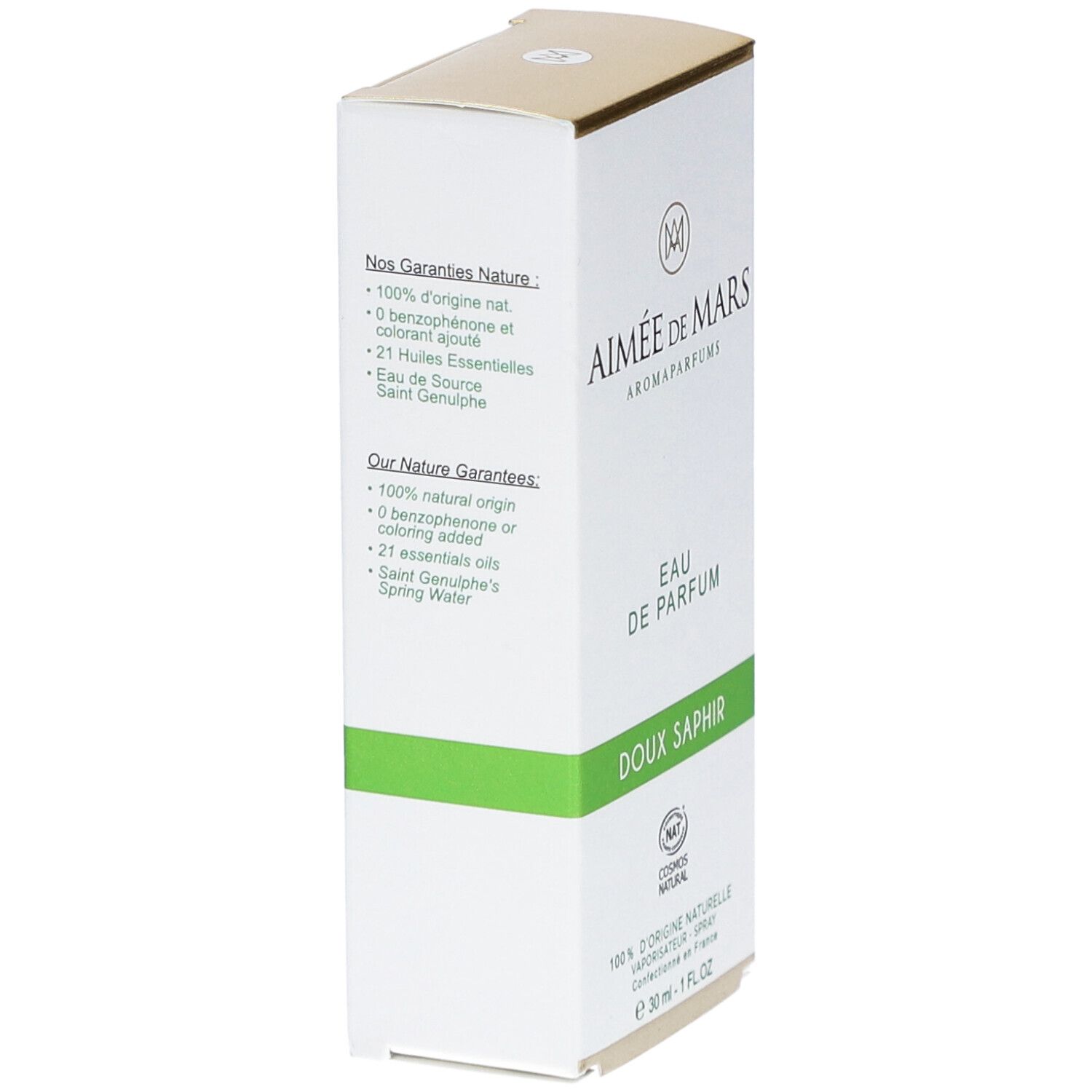 Aimée de Mars® Doux Saphir Eau de Parfum. Boîte blanche avec accents verts. Texte: Eau de Parfum, Doux Saphir.