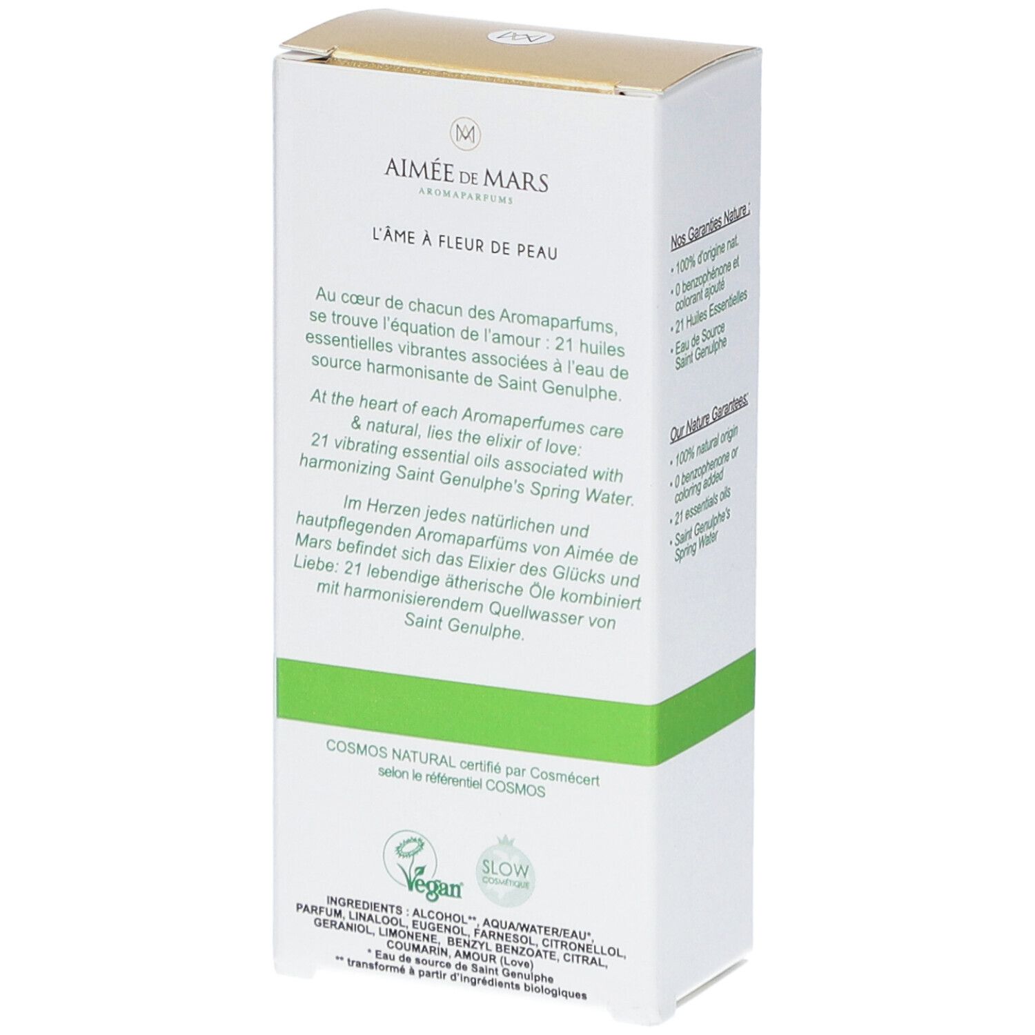 Aimée de Mars® Doux Saphir Eau de Parfum. Arrière de la boîte. Texte: Ingrédients, certification Cosmos Natural.
