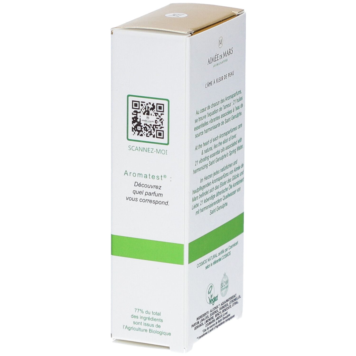 Aimée de Mars® Doux Saphir Eau de Parfum. Boîte avec code QR. Texte: Aromates, 77% des ingrédients sont biologiques.