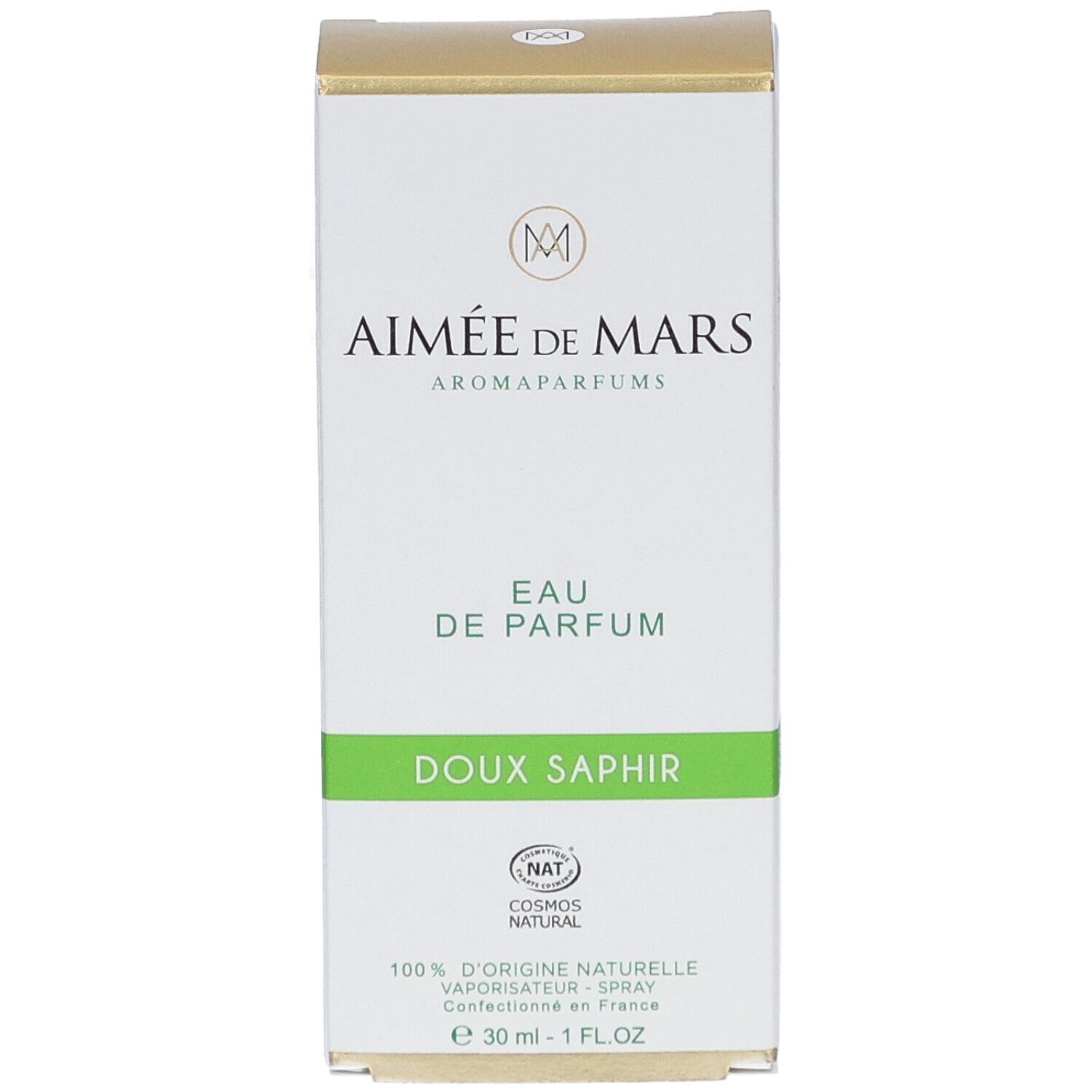 Aimée de Mars® Doux Saphir Eau de Parfum. Boîte blanche. Texte: Eau de Parfum, Doux Saphir, 30 ml.