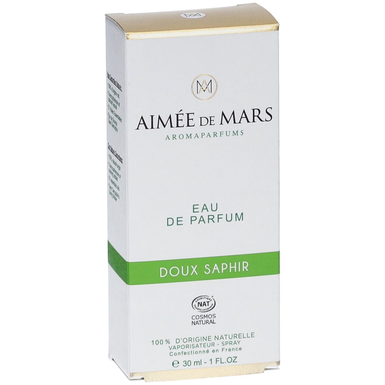 Aimée de Mars® Doux Saphir Eau de Parfum. Boîte blanche. Texte: Eau de Parfum, Doux Saphir, 30 ml.