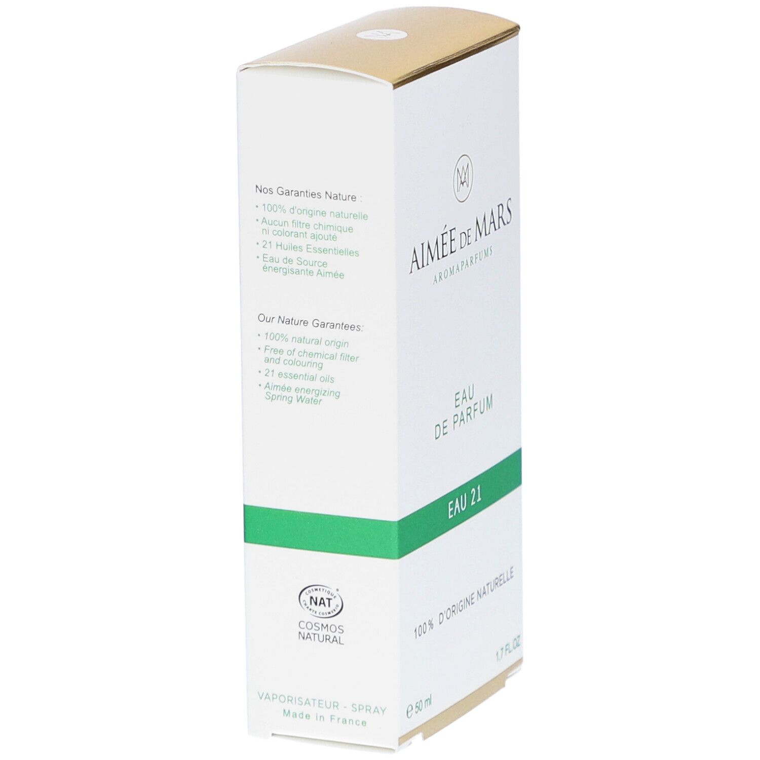 Verpackung von Aimée de Mars® Eau 21 Eau de Parfum. Rückseite mit Text. Cosmos Natural Zertifizierung. Weiß, grün und goldfarben.