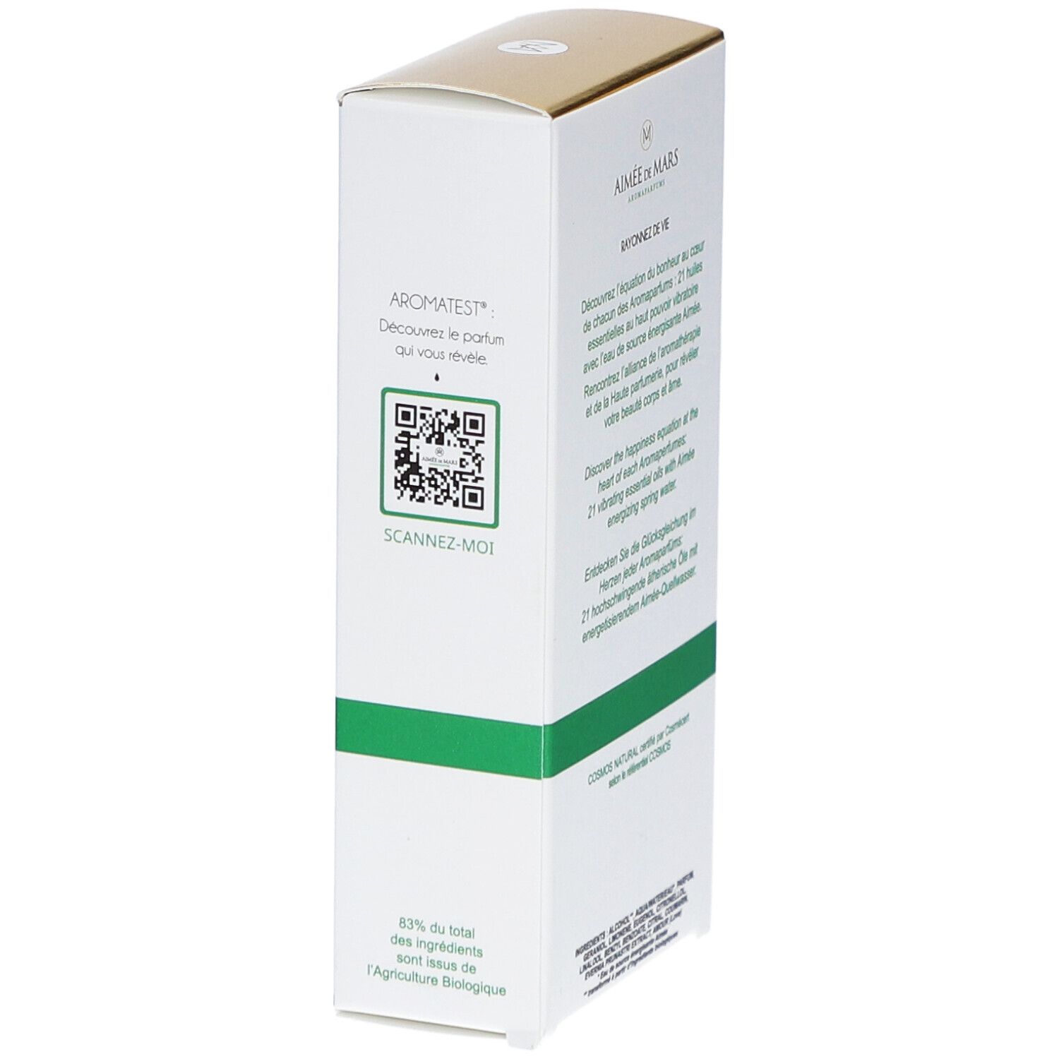 Verpackung von Aimée de Mars® Eau 21 Eau de Parfum. Seite mit QR-Code und Text. Weiß, grün und goldfarben.