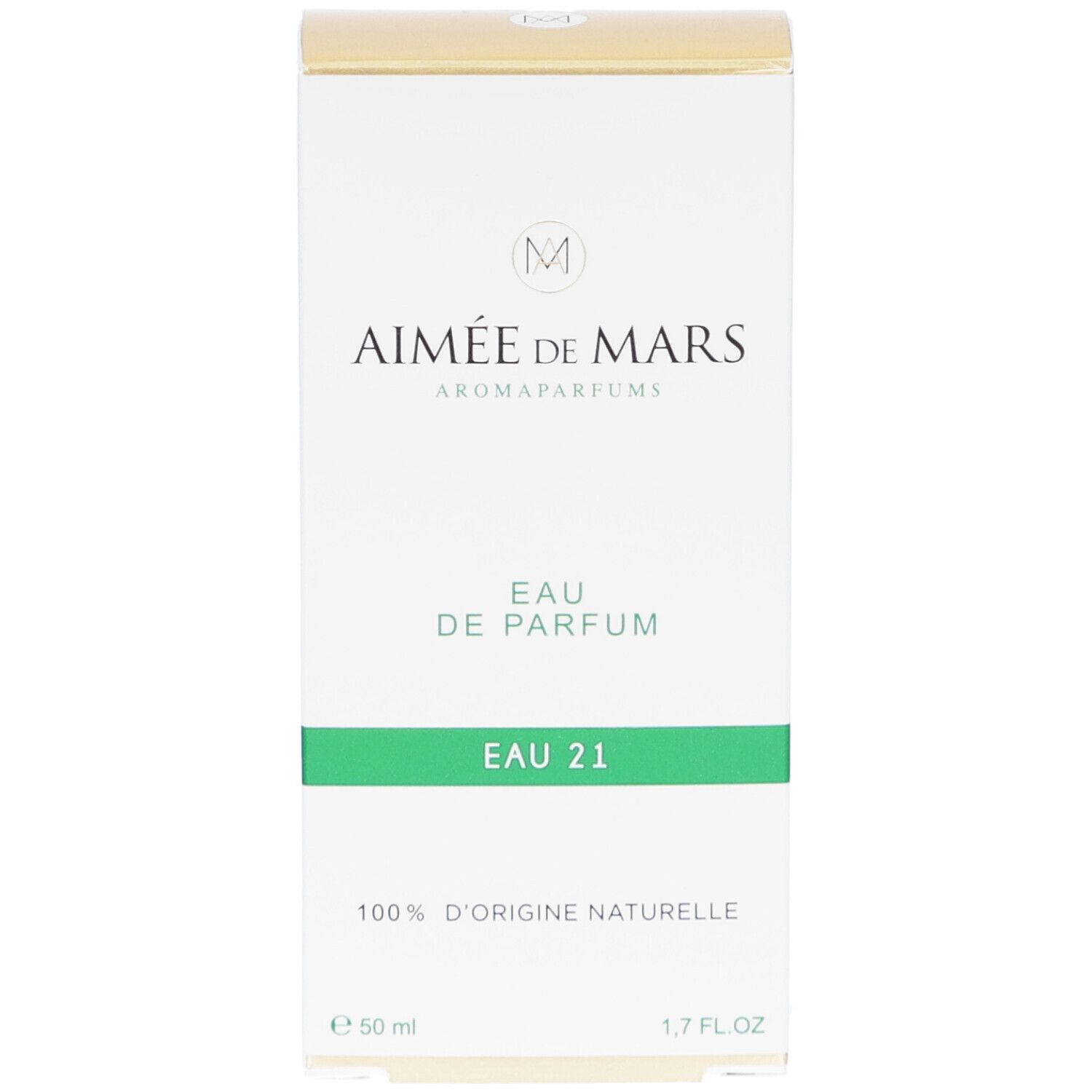 Verpackung von Aimée de Mars® Eau 21 Eau de Parfum. Weiß, grün und goldfarben. Text: Eau de Parfum, 100% d'origine naturelle.