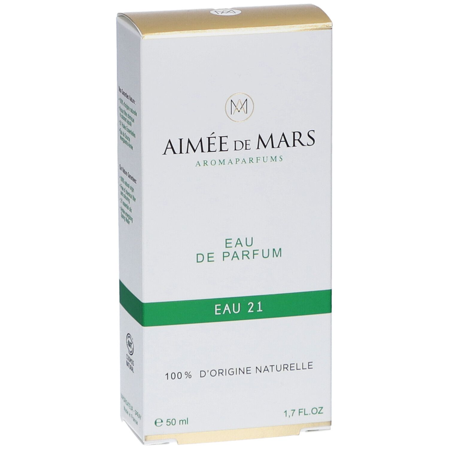 Verpackung von Aimée de Mars® Eau 21 Eau de Parfum. Weiß, grün und goldfarben. Text: Eau de Parfum, 100% d'origine naturelle.