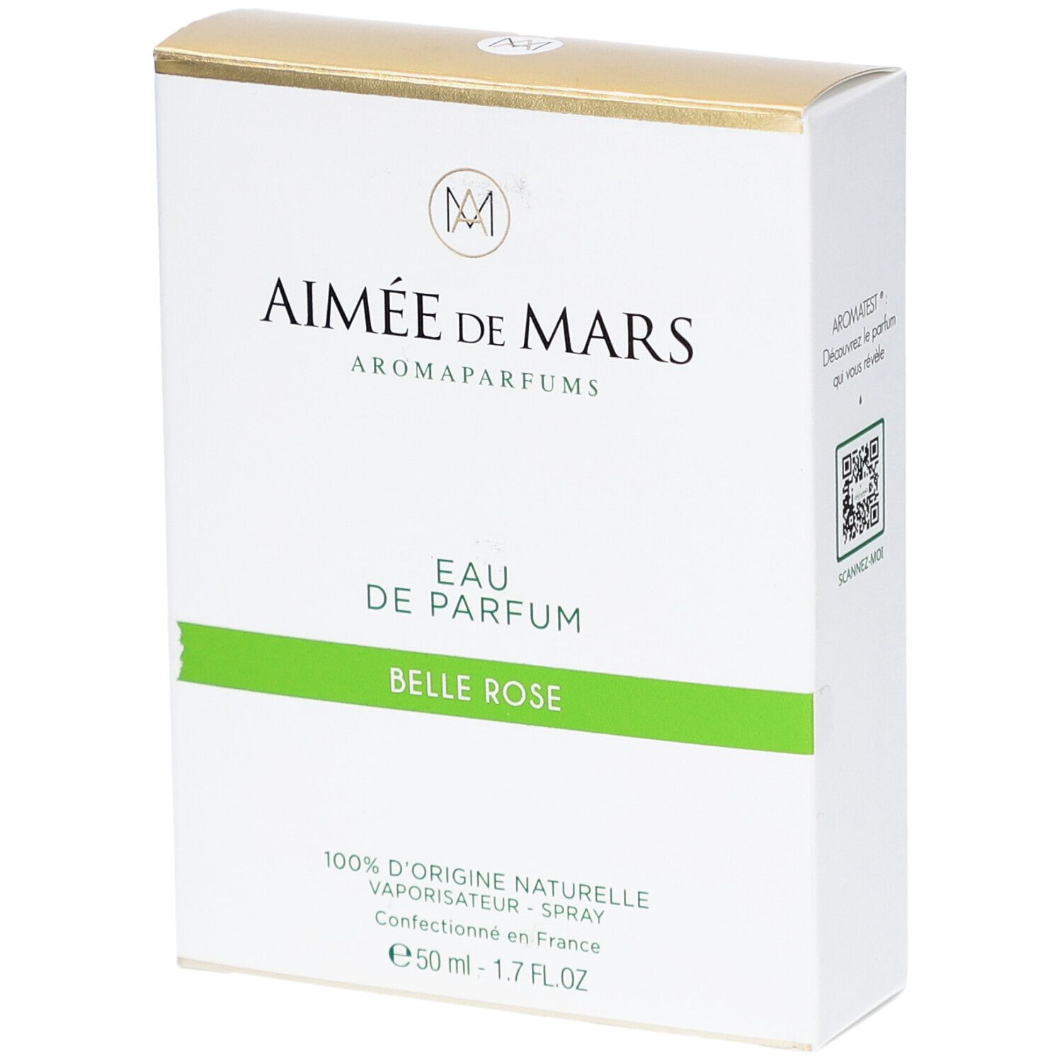 Boîte blanche, dessus doré. Inscription: Aimée de Mars, Eau de Parfum Belle Rose. Bande verte.