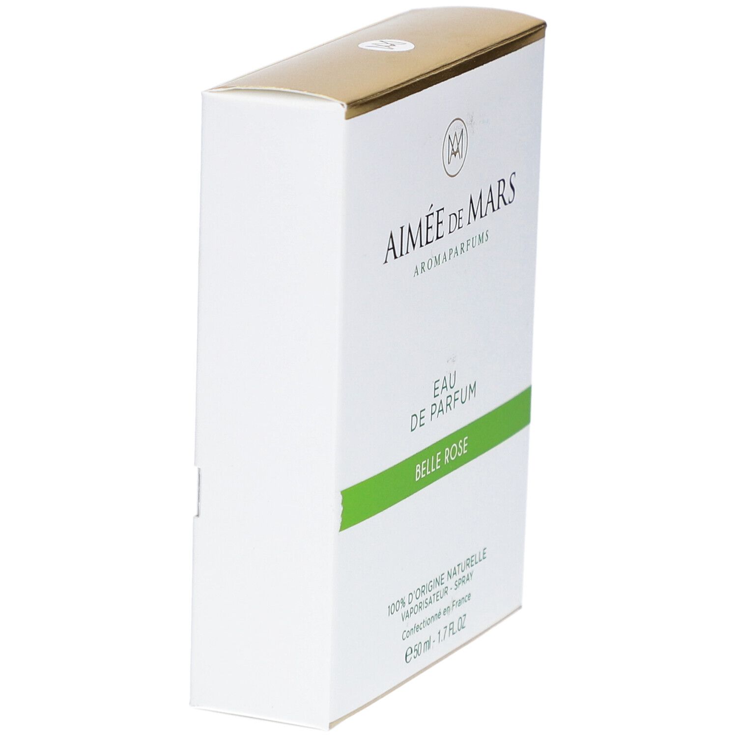 Boîte blanche, dessus doré. Inscription: Aimée de Mars, Eau de Parfum Belle Rose. Vue latérale.