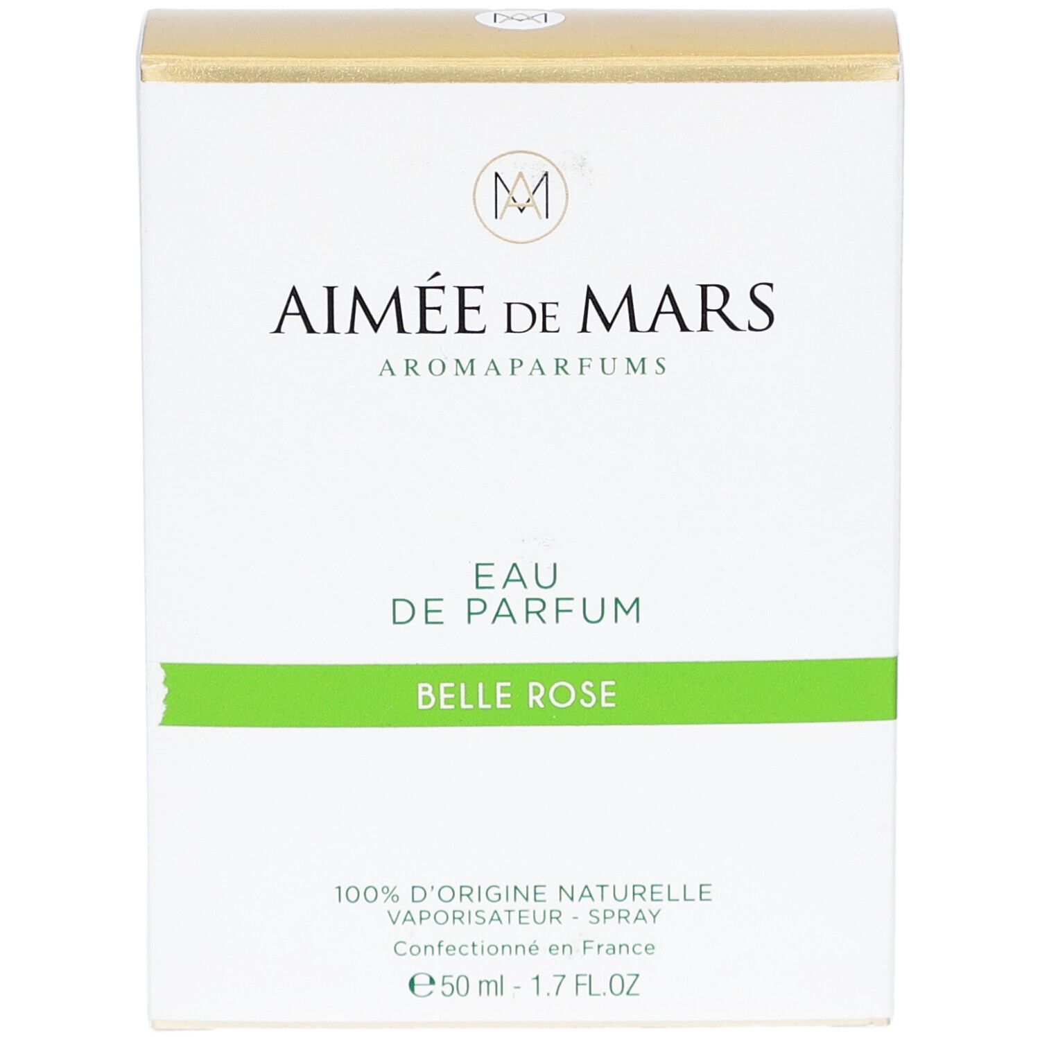 Boîte blanche, dessus doré. Inscription: Aimée de Mars, Eau de Parfum Belle Rose. Bande verte.