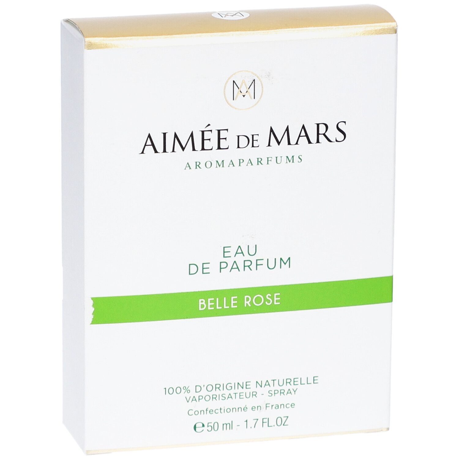 Boîte blanche, dessus doré. Inscription: Aimée de Mars, Eau de Parfum Belle Rose. Bande verte.