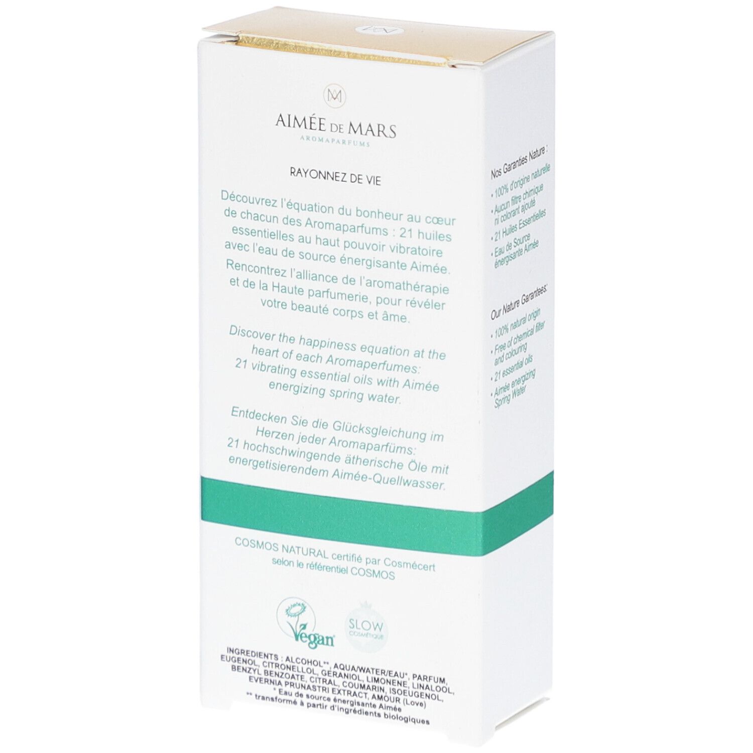Boîte blanche et dorée. Inscription : Aimée de Mars, Eau de Parfum, Bois 21. Cosmétiques naturels.