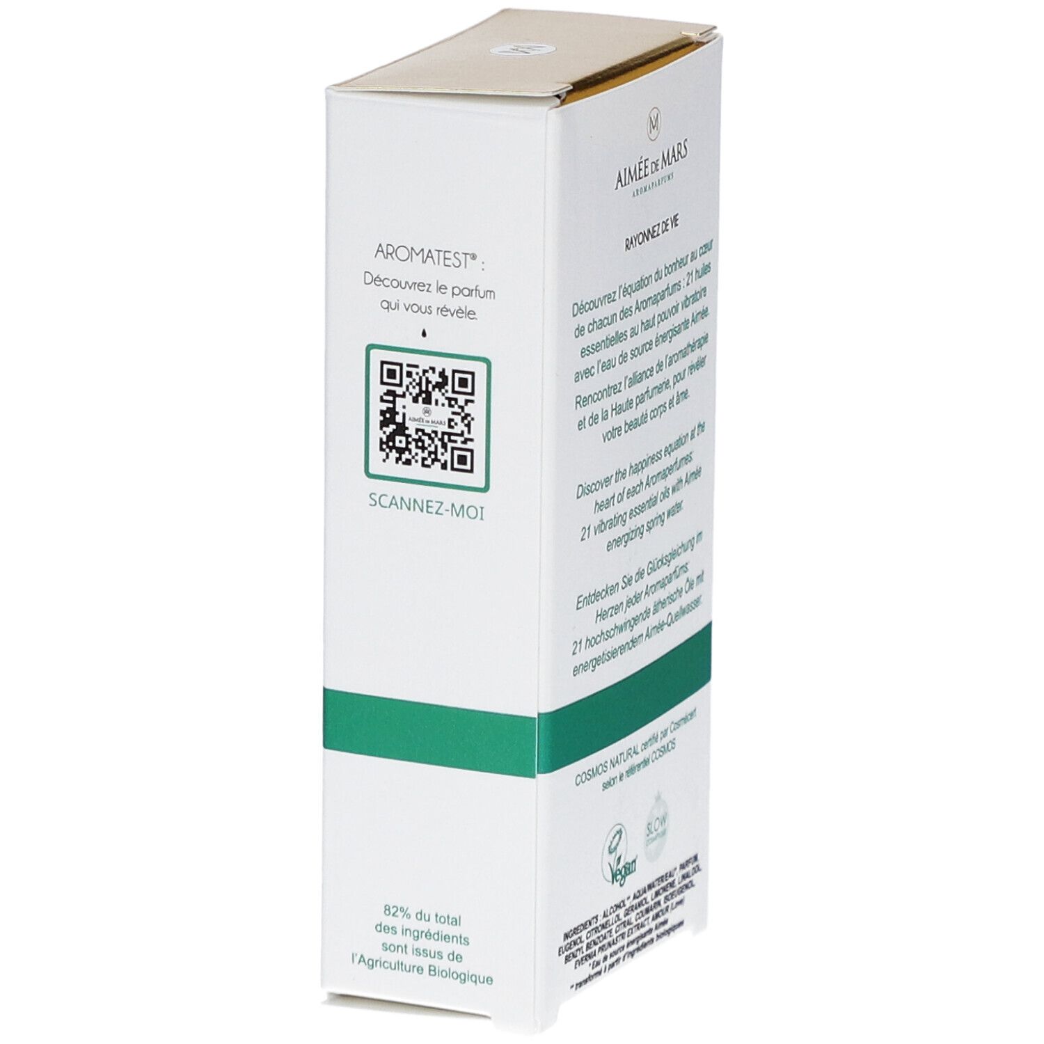 Boîte blanche et dorée. Inscription : Aimée de Mars, Eau de Parfum, Bois 21. Cosmétiques naturels.