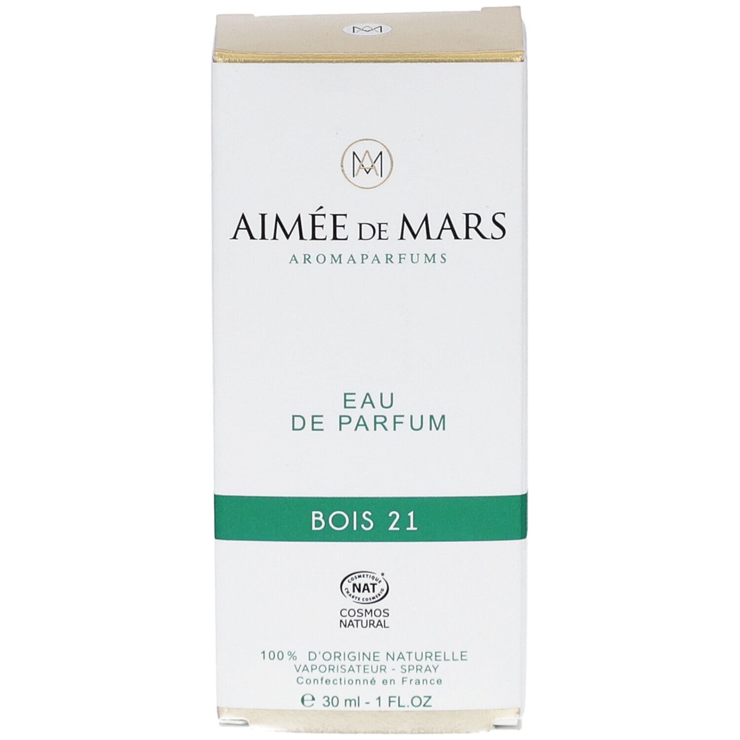 Boîte blanche et dorée. Inscription : Aimée de Mars, Eau de Parfum, Bois 21. Cosmétiques naturels.
