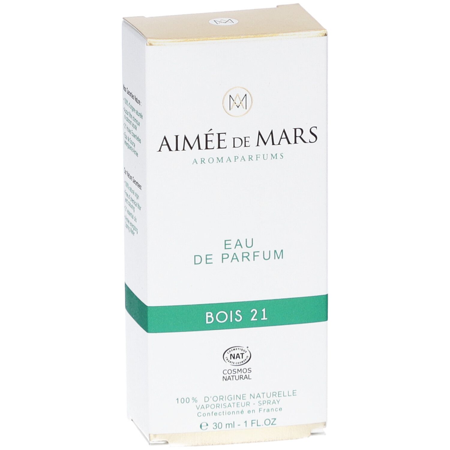 Boîte blanche et dorée. Inscription : Aimée de Mars, Eau de Parfum, Bois 21. Cosmétiques naturels.