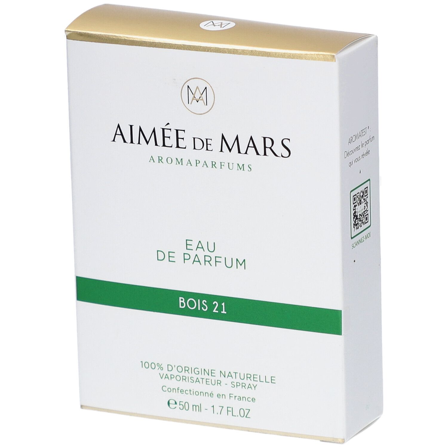 Boîte blanche et dorée. Inscription Aimée de Mars, Eau de Parfum Bois 21. Bande verte. 50 ml.