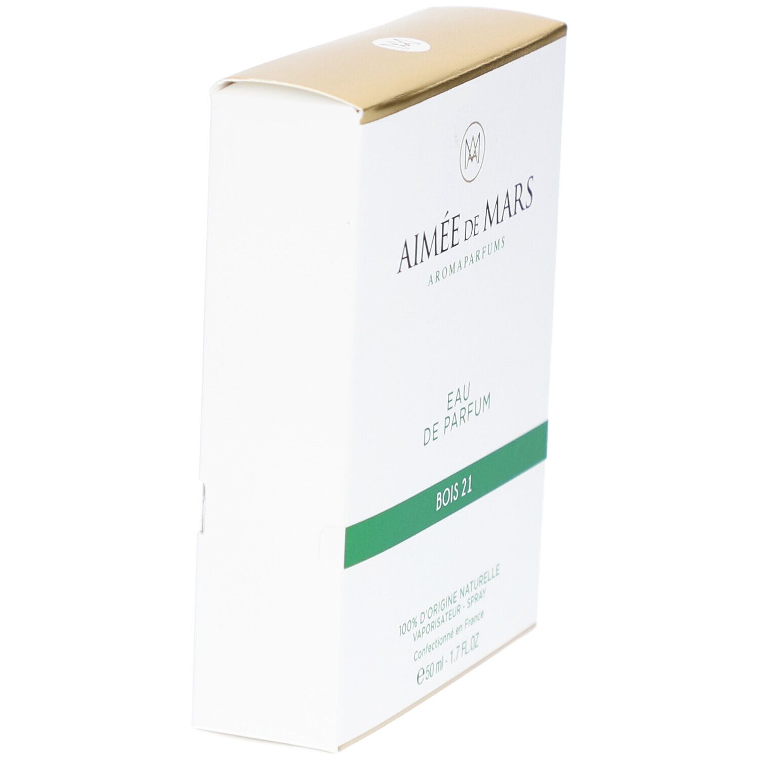 Boîte blanche et dorée. Inscription Aimée de Mars, Eau de Parfum Bois 21. Bande verte.